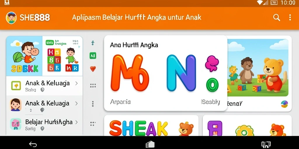 Tampilan antarmuka aplikasi SHE888 untuk belajar huruf dan angka.